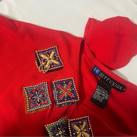 Vintage IB DIFFUSION Artsy Red Large Women Scoop Neck Blouse Embellished Cotton - Picture 9 of 10